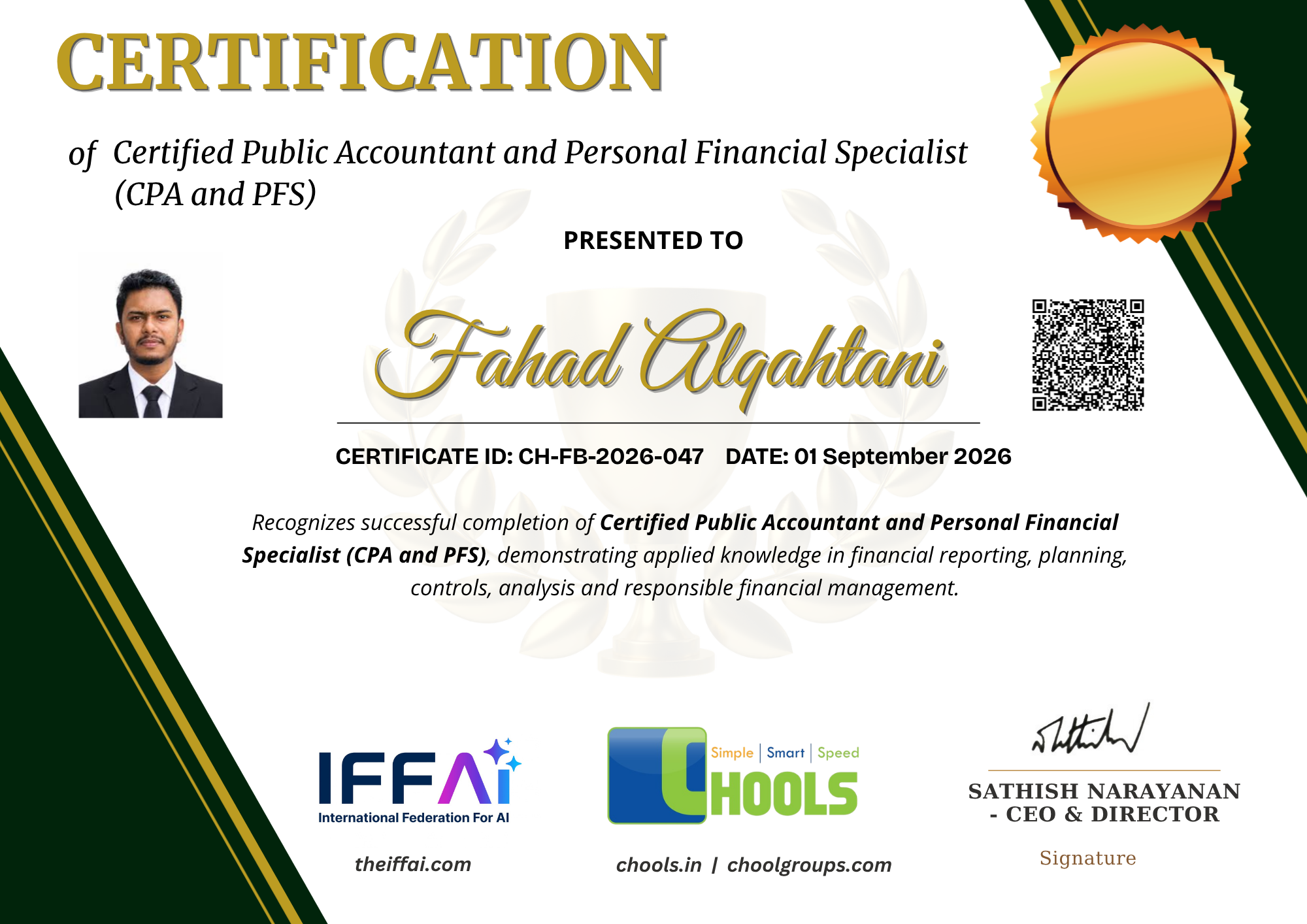 Certified Public Accountant and Personal Financial Specialist (CPA and PFS)